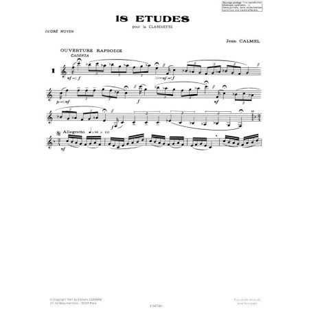 partition calmel 18 etudes pour clarinette