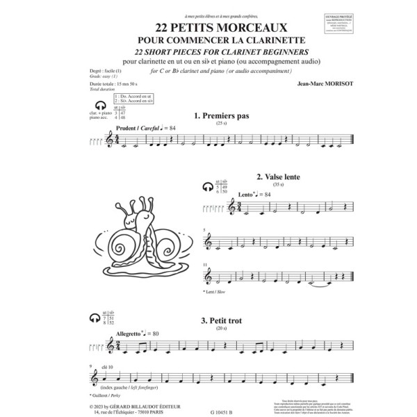 partition 22 petits morceaux pour commencer la clarinette