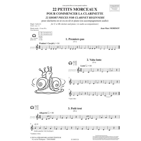 partition 22 petits morceaux pour commencer la clarinette
