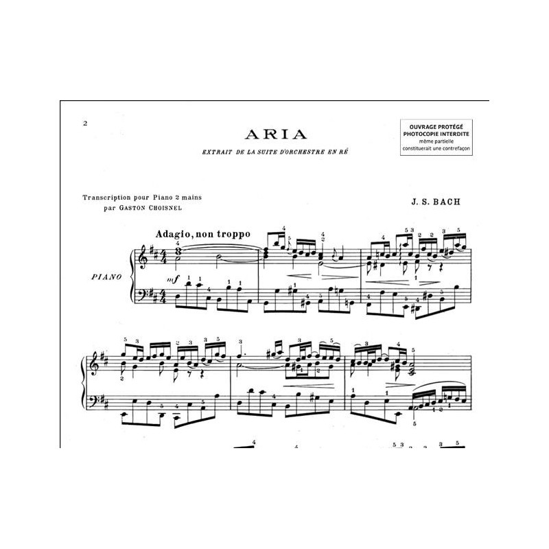 PARTITION PIANO ARIA DE BACH EXTRAIT DE LA SUITE EN RE BWV1068 PARTITION PIANO ARIA DE BACH EXTRAIT DE LA SUITE EN RE BWV1068