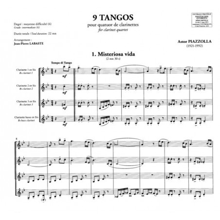 Piazzolla 9 tangos partition 4 clarinettes