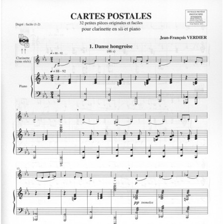 Partition CARTES POSTALES de Verdier pour clarinette